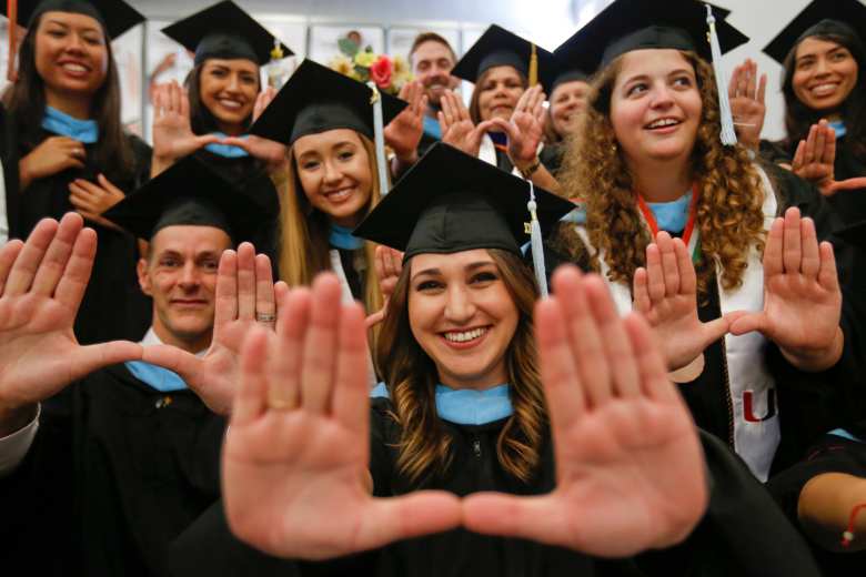 Graduates holding the University of Miami U hand sign